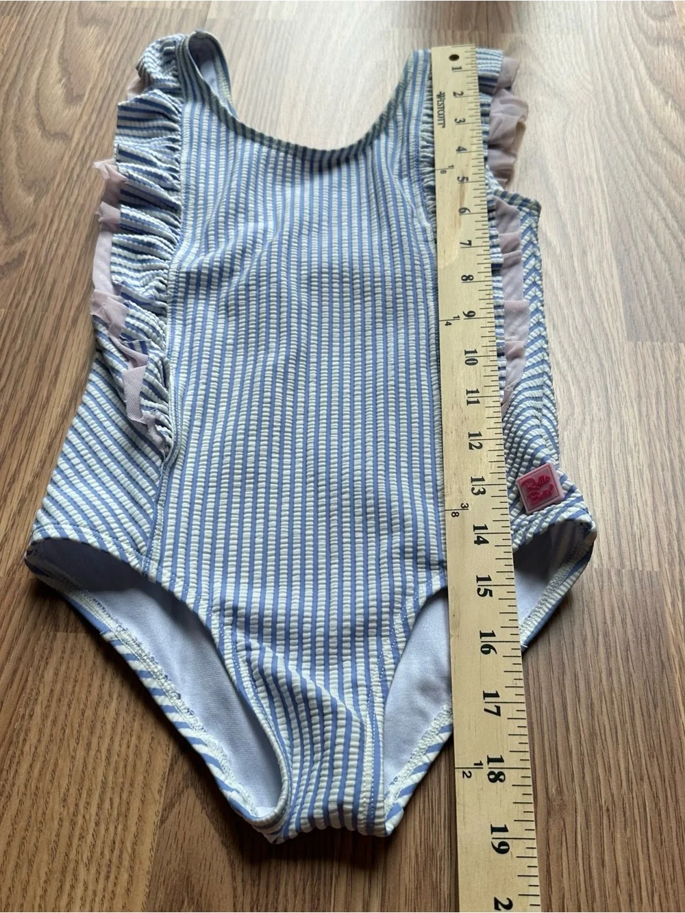 RuffleButts Seersucker Waterfall One Piece Swimsuit Blue UPF 50 Size 5